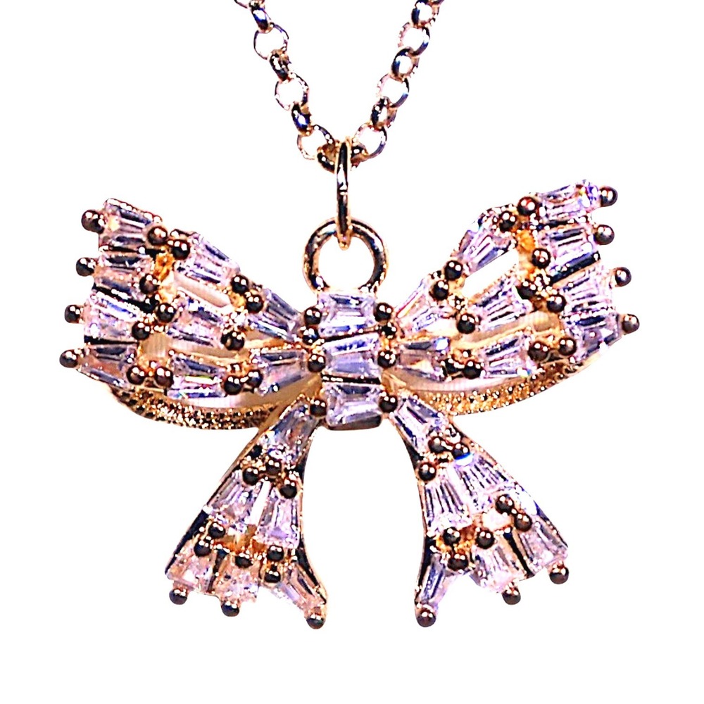 Swarovski Crystal Gold Overlay Bow Pendant Necklace Dainty Coquette Jewelry NEW